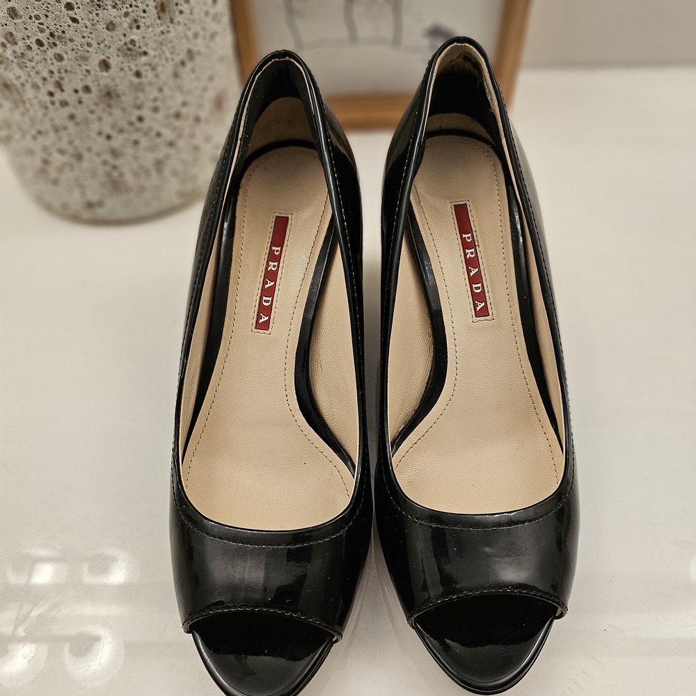PRADA Authentic Black Patent Peep-Toe Wedge 6